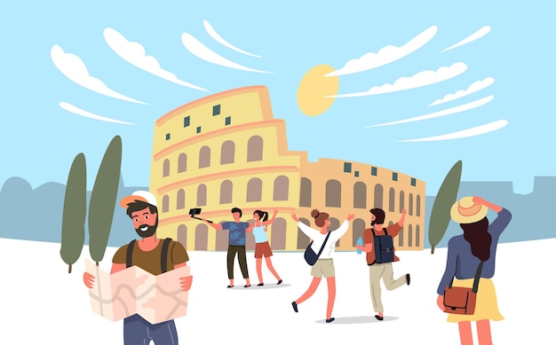 Coliseo de vector de Roma con turistas. Gente de dibujos animados de tema de viaje.