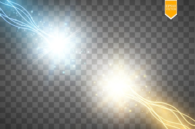 Vector colisión de dos fuerzas con luz dorada y azul.