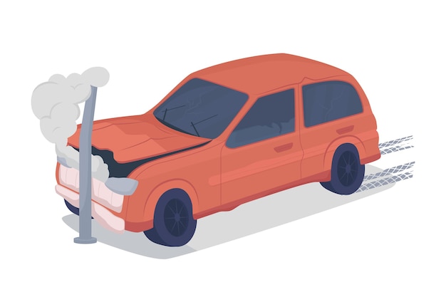 Colisión frontal del coche contra el objeto vectorial de color semiplano del poste. Artículo de tamaño completo en blanco. Accidente de automóvil aislado ilustración de estilo de dibujos animados moderno para diseño gráfico y animación