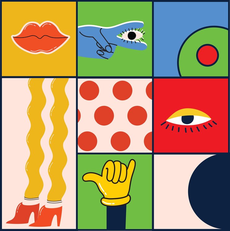 Vector collage abstracto dibujado a mano con formas divertidas y lindas personajes cómicos gran conjunto de ilustraciones vectoriales de diferentes colores plantillas de logotipo de carteles cuadrados en diseño plano