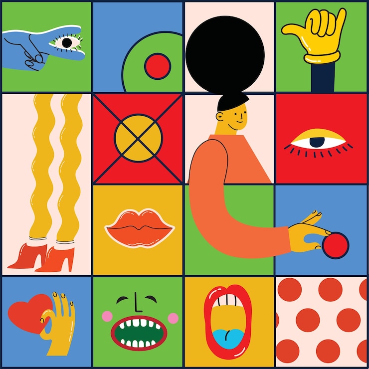 Vector collage abstracto dibujado a mano con formas divertidas y lindas personajes cómicos gran conjunto de ilustraciones vectoriales de diferentes colores plantillas de logotipo de carteles cuadrados en diseño plano