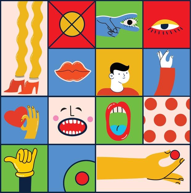 Vector collage abstracto dibujado a mano con formas divertidas y lindas personajes cómicos gran conjunto de ilustraciones vectoriales de diferentes colores plantillas de logotipo de carteles cuadrados en diseño plano