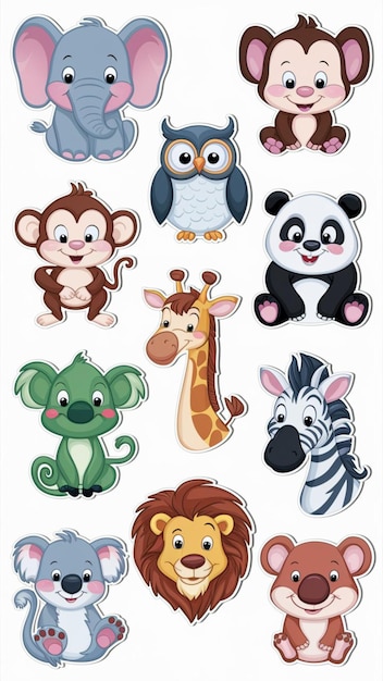 Vector un collage de animales de dibujos animados que incluye pegatinas de animales panda de jirafa