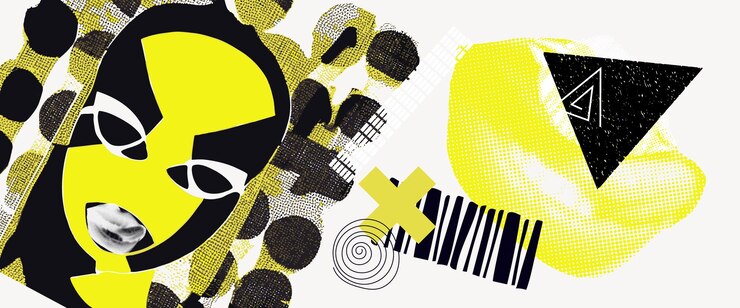 Vector collage de arte con bocas de cara de mujer y elementos amarillos y negros texturas grunge estilo revista composición con labios femeninos y maquillaje concepto de creatividad de ideas de afiches ilustración vectorial
