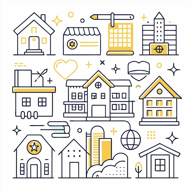un collage azul y amarillo de casas con un corazón en la parte superior