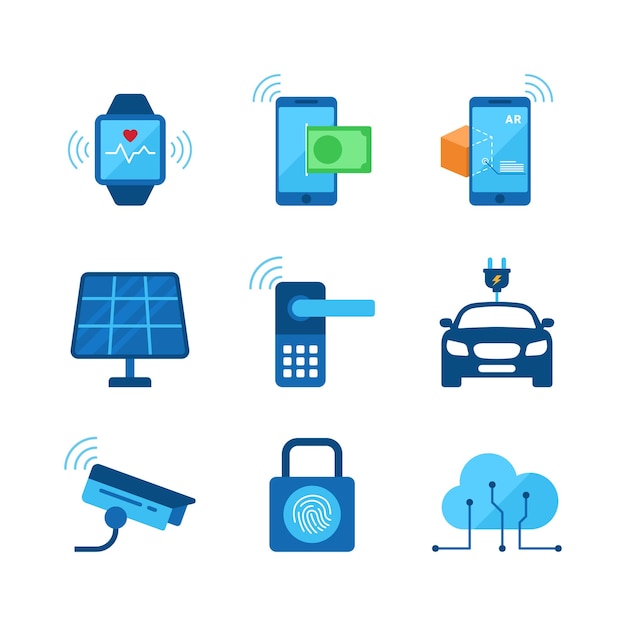 un collage azul y negro de diferentes iconos, incluido un reloj y un teléfono celular