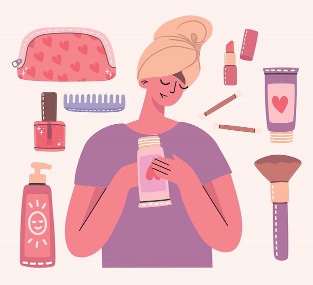 Collage de cosméticos y productos para el cuidado del cuerpo alrededor de la niña con una toalla. Eres hermosa tarjeta. Lápiz labial, loción, peine para el cabello, polvo, perfumes, pincel, esmalte de uñas.