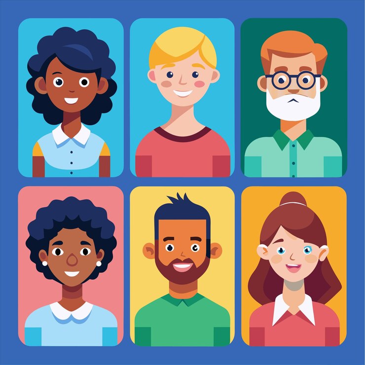 Vector un collage de diferentes personas con diferentes caras y diferentes expresiones