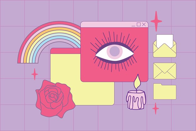 Collage de elementos de interfaz retro de usuario Ilustración vectorial de estilo Vaporwave en colores pastel Estilo retro nostálgico de moda de los años 80 90 Carteles impresos publicaciones en redes sociales Objetos dibujados a mano