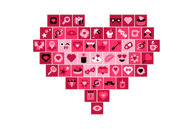 Collage en forma de corazón apilado de iconos cuadrados de color rosa con símbolos y signos de amor día de san valentín tarjeta de aniversario de pareja de bodas y elemento de diseño de invitación vector plano simple en la parte posterior rosa