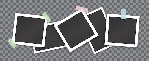 Vector collage de fotografías en blanco con pegatinas aisladas sobre fondo transparente. maqueta de vector de marcos de fotos cuadrados y rectangulares blancos pegados con cinta adhesiva de colores