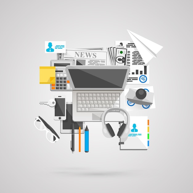 Collage de iconos planos arte creativo. Ilustración vectorial