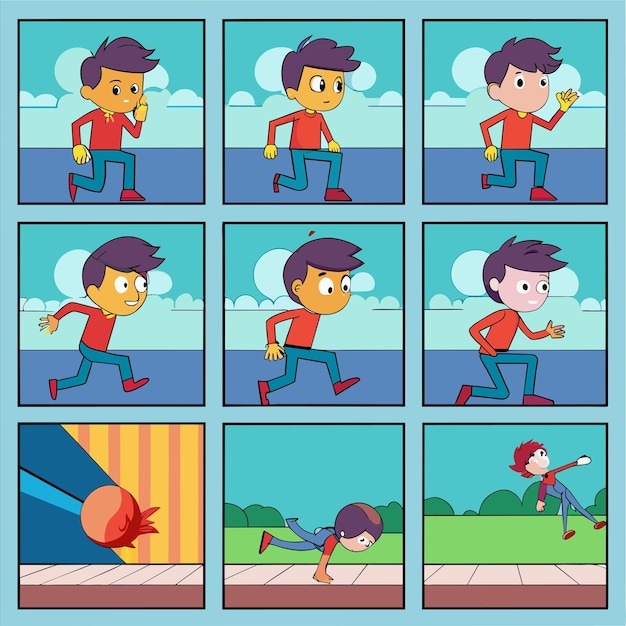 un collage de imágenes con un hombre corriendo y un personaje de dibujos animados corriendo