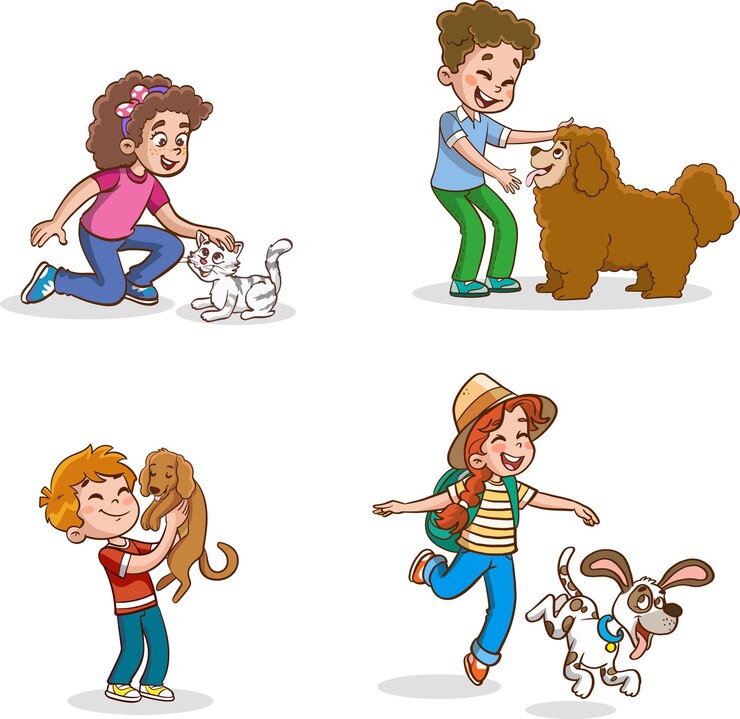 Vector un collage de imágenes con un niño y un perro