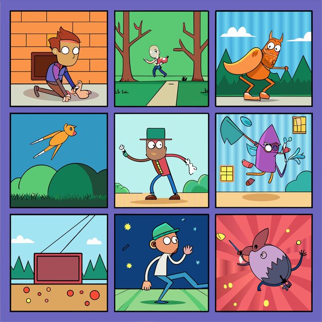 un collage de imágenes con un personaje de dibujos animados y un gato