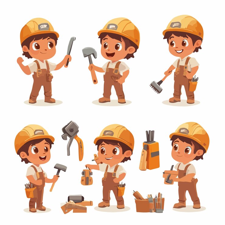 Vector un collage de imágenes de un trabajador de la construcción sosteniendo un martillo y un martillo