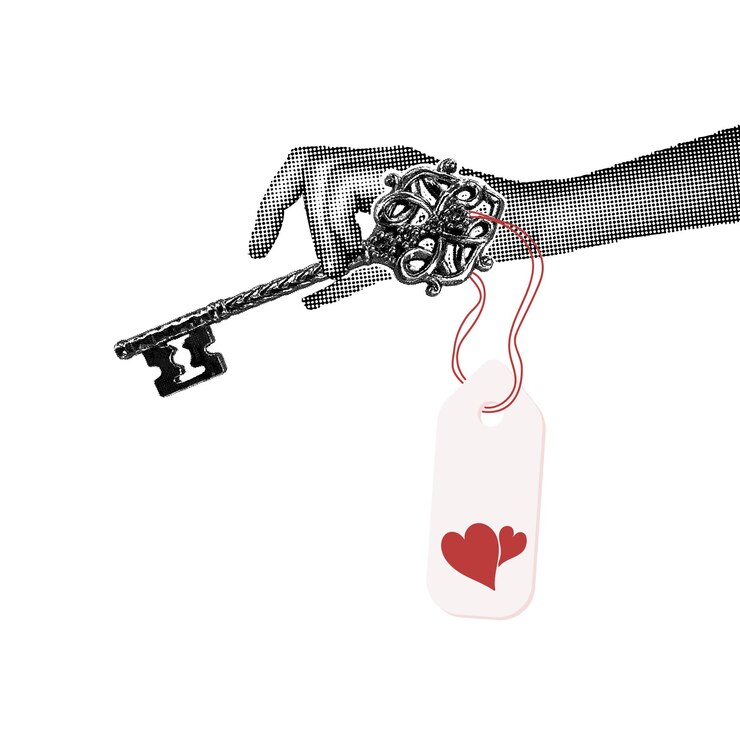 Vector un collage de media tonalidad de moda clave para el corazón una mano sosteniendo una hermosa llave vintage tallada con un oído