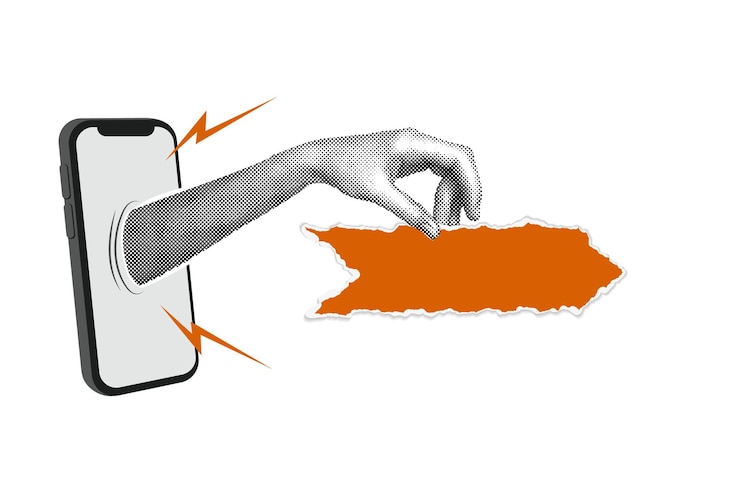 Vector un collage de media tonalidad de moda una mano sostiene un teléfono móvil un papel roto en forma de flecha