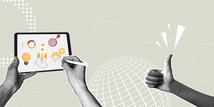 Vector collage de medio tono de moda planificación estratégica de negocios planificación del lanzamiento del producto trabajo en equipo