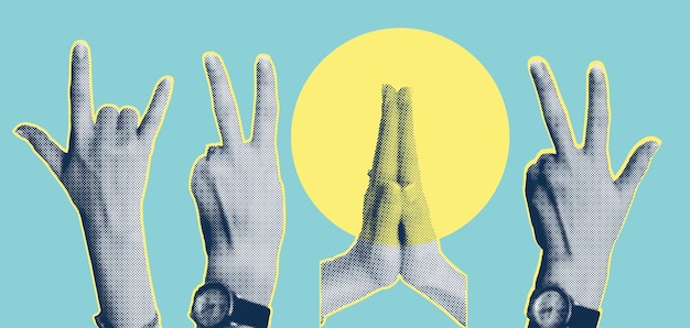 Vector collage de moda con formas recortadas de gestos con las manos símbolo ganar como punk diseño de cartel de banner retro de medio tono grunge concepto de protesta lucha fe oración victoria ilustración vectorial