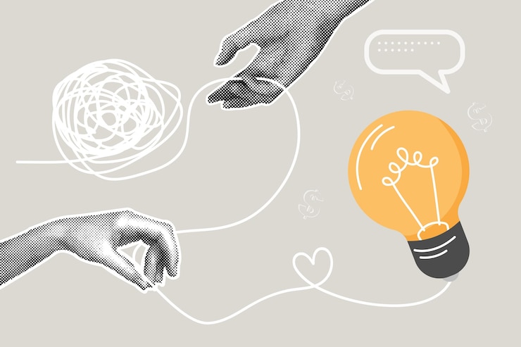Vector el collage moderno de medio tono el concepto de desentrañar una maraña de problemas resolviendo un problema complejo