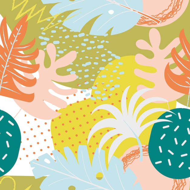 Collage de patrones sin fisuras florales contemporáneos. Selvas exóticas modernas de frutas y plantas. Diseño creativo deja patrón.