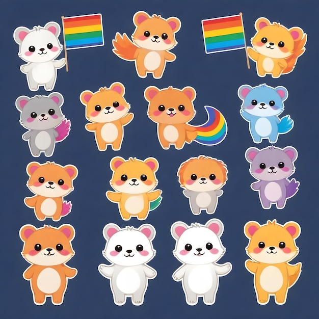 un collage de pegatinas con diferentes animales y arco iris