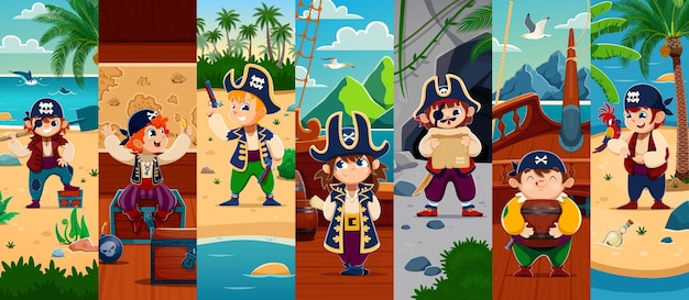 El collage de personajes de dibujos animados de niños piratas o corsarios