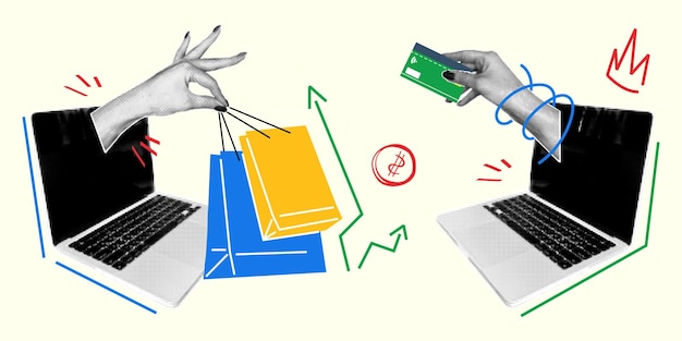 Collage retro sobre el tema del pago en línea para compras Manos con efecto de semitono en la época de los años 90