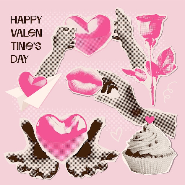 Collage de semitonos para el día de San Valentín con funky papel de revista arrancado formas pastel manos sosteniendo