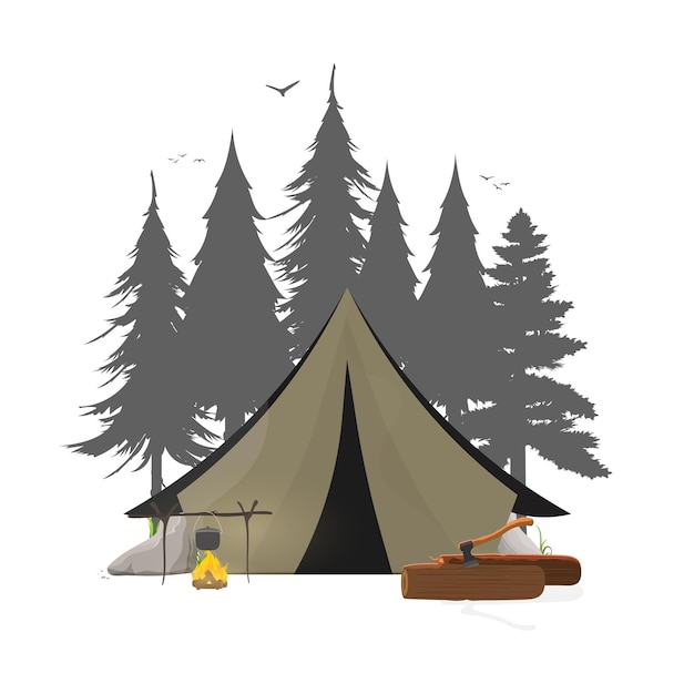 Collage sobre el tema de acampar en el bosque. carpa, bosque, camping, troncos, hacha, hoguera. bueno para logotipo, tarjetas, camisetas y pancartas. aislado. .