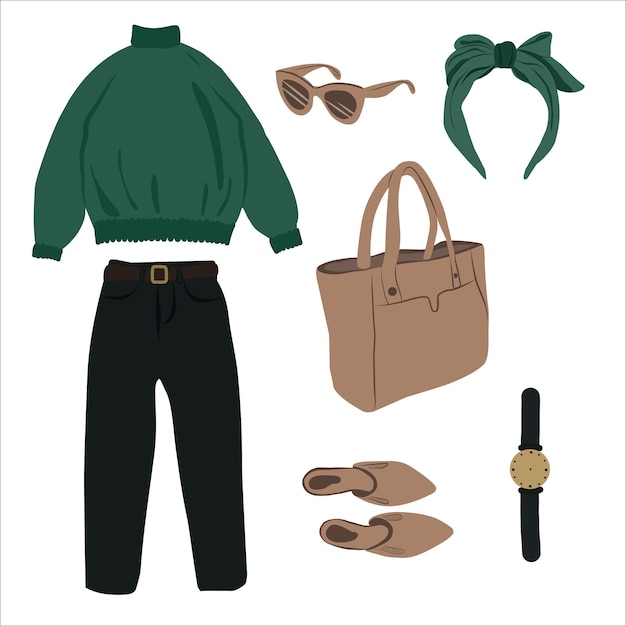 Collage vectorial de ropa y accesorios para mujeres Un atuendo en un estilo femenino casual y elegante