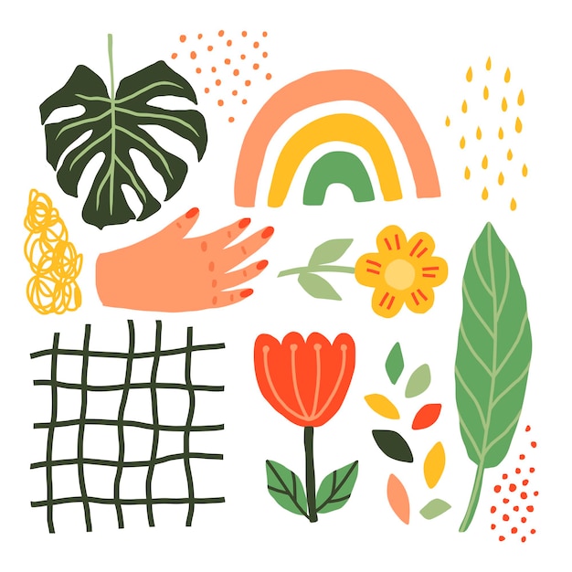 Collage de verano de plantas, flores, manos, arco iris, hojas monstera  estilo escandinavo. elementos de dibujo a mano minimalistas vectoriales para  crear texturas y fondos, carteles, tarjetas con logotipos y más |