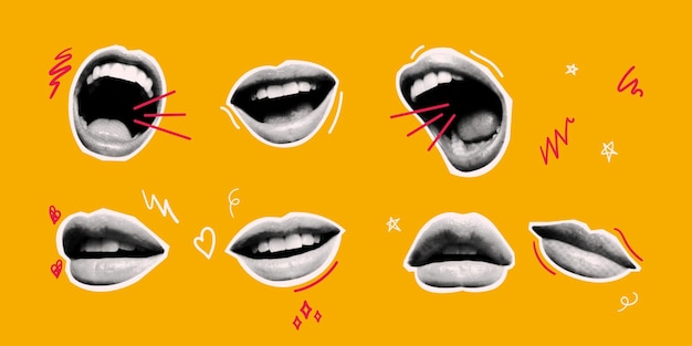 Collaje de arte pop con labios de medio tono en amarillo