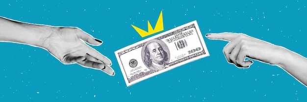 Collaje creativo que muestra el intercambio dinámico de dinero en un estilo retro lúdico con patrones de medio tono y elementos de papel recortado contra un fondo azul vibrante