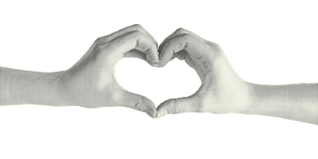 Collaje de elementos de medio tono con las manos Amor corazón dedos gesto Cortar formas Polka puntos textura Moderno vintage diseño de moda objeto aislado en blanco Ilustración vectorial