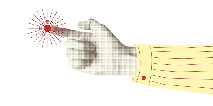 Vector collaje de elementos de medio tono con manos que apuntan y botones de garabateo dedos gesto toque clic toque cortar formas moderno vintage diseño de moda objeto aislado en blanco ilustración vectorial