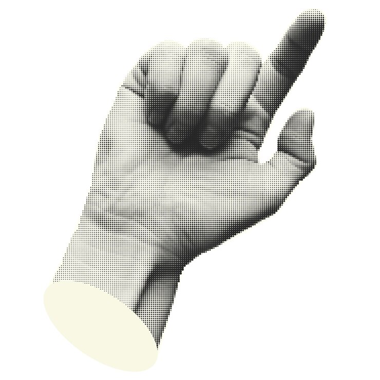 Vector collaje de elementos de medio tono con manos que apuntan y botones de garabateo dedos gesto toque clic toque cortar formas moderno vintage diseño de moda objeto aislado en blanco ilustración vectorial