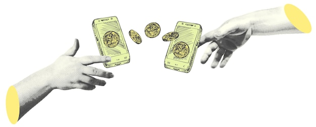 Collaje con estatua de mano de estilo medio Pagos en línea minimalistas concepto metafórico temático financiero Idea para la composición de banner con monedas de dinero y teléfono inteligente Recortes de revista Ilustración vectorial