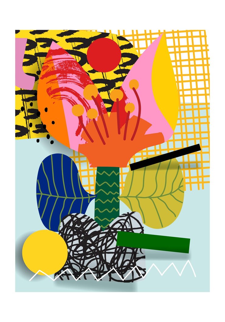 Vector collaje de flores y plantas abstractas arte de líneas aproximadas geométricas ilustración de cartel de arte vectorial