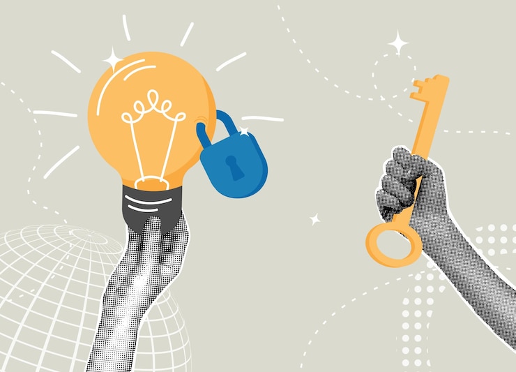 Vector collaje de media tonalidad de moda desbloquear el poder de las ideas innovación y seguridad propiedad intelectual