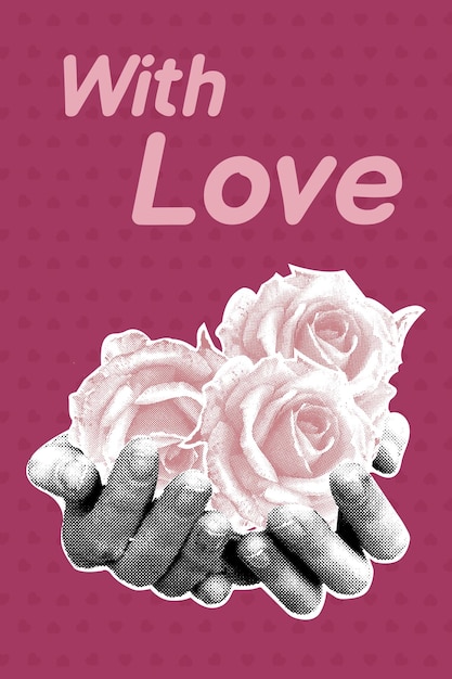 Collaje de media tonalidad de moda Tarjeta postal en estilo collage para el día de San Valentín Imagen de manos con rosas