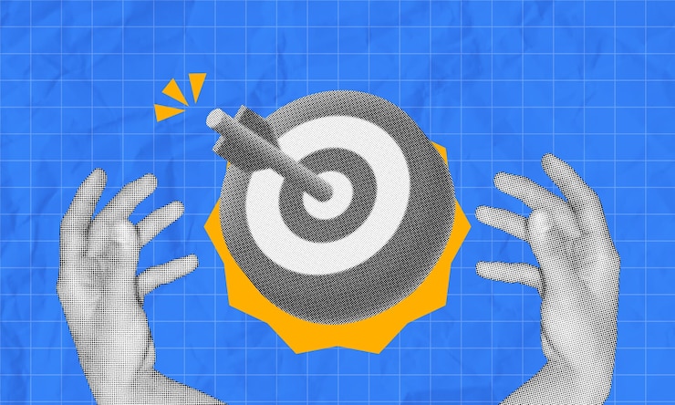 Vector collaje de medio tono diseño moderno mano de gesto con ilustración de objetivo dardo golpeando el objetivo