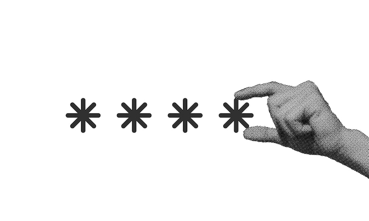Vector collaje de medio tono mano seleccionando una contraseña de asterisco y privacidad ciberseguridad y protección