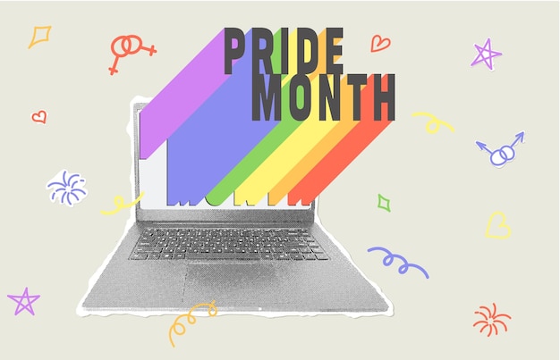 Collaje de medio tono de moda Collaje temático del mes del orgullo Cuaderno de medio tono con letras de arco iris voladoras