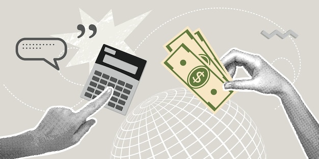 Collaje de medio tono de moda Concepto de acumulación contable Aumento de las ganancias Desarrollo de negocios