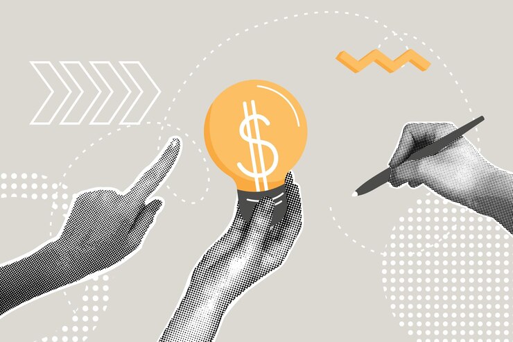 Vector collaje de medio tono de moda financiamiento conceptual de negocios presentación de una idea de negocio para aumentar los ingresos