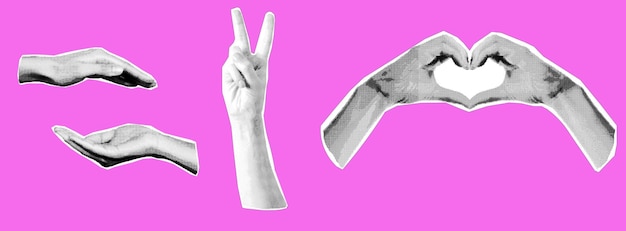 Collaje de moda con gestos de mano formas recortadas Símbolo ganador como el diseño de cartel de bandera retro grunge violeta