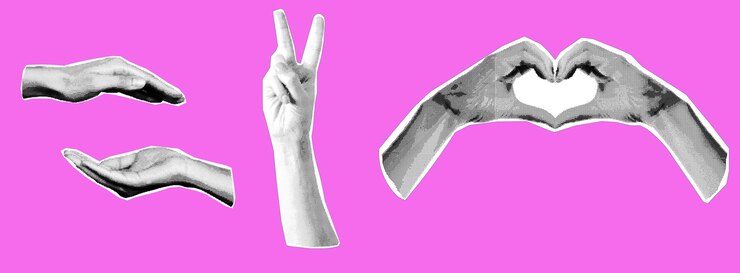 Vector collaje de moda con gestos de mano formas recortadas símbolo ganador como el diseño de cartel de bandera retro grunge violeta