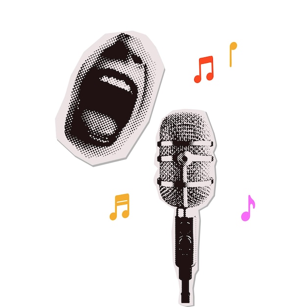 Collaje de música retro con composición simple de micrófono de escenario y labios que gritan en vector de medio tono